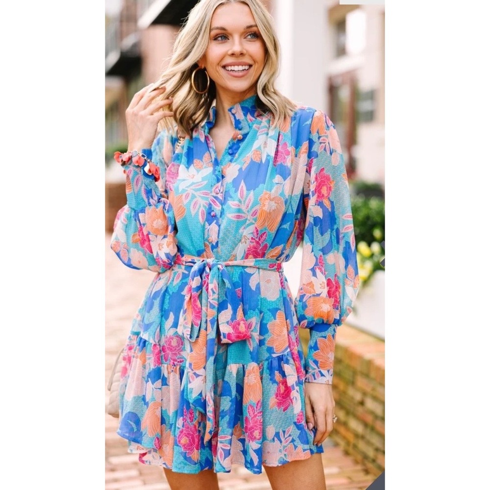 Fate Mini Dress Long Sleeve Ruffle Collar Tiered Skirt Belted Women's Size Small